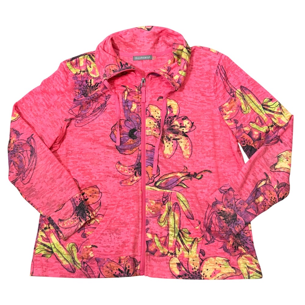 Bright Floral Burnout Full Zip Lightweight French Terry Sweatshirt (M) Abstract